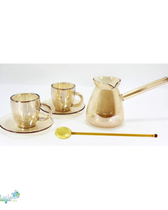 Luciano High Borosilicate 6PC Gold Set (Ion Plating Amber) 2xDouble Wall Cups 70ml and Saucers with 350ml Glass Kettle and Long Handle Glass Spoon