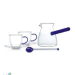 Luciano High Borosilicate 6PC Blue Set:  2xDouble Wall Cups with Blue Handle and Saucers with 350ml Glass Kettle with Blue Handle and Long Handle Glass Spoon with Blue Top and Bottom