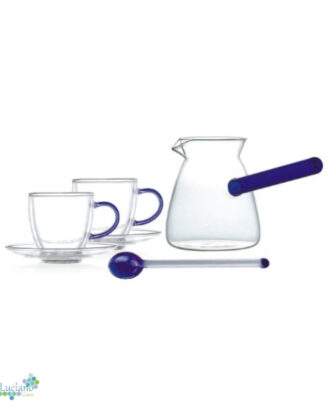 Luciano High Borosilicate 6PC Blue Set:  2xDouble Wall Cups with Blue Handle and Saucers with 350ml Glass Kettle with Blue Handle and Long Handle Glass Spoon with Blue Top and Bottom