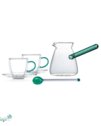 Luciano High Borosilicate 6PC Green Set:  2xDouble Wall Cups 70ml with Green Handle and Saucers with 350ml Glass Kettle with Green Handle and Long Handle Glass Spoon with Green Top and Bottom