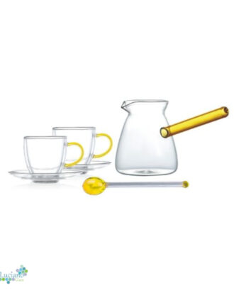 Luciano High Borosilicate 6PC Yellow Set:  2xDouble Wall Cups 70ml with Yellow Handle and Saucers with 350ml Glass Kettle with Yellow Handle and Long Handle Glass Spoon with Yellow Top and Bottom