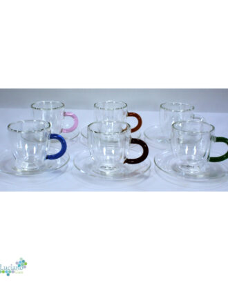 Luciano 12PC Set 6x70Ml High Borosilicate Double Wall Coffee Glass Cups with Color Handles +12Cm Saucers