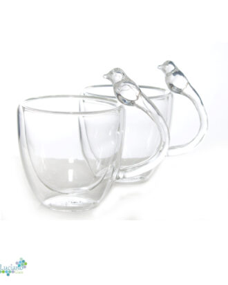 Luciano 80Ml High  Borosilicate / Isotherm / Double Wall Espresso Glass Cup Bird Figurine Handle Set of 2