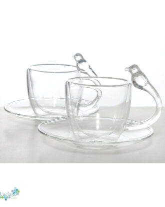 Luciano 80Ml High Borosilicate / Isotherm / Double Wall Espresso Glass Cup and Saucer (Cup with Bird Figurine Handle) Set of 4