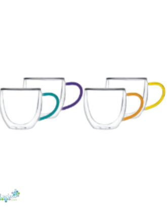 Luciano 90ml High Borosilicate Double Wall Glass 4PC Cup with Color Handles in Gift Box Set