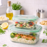LUC High Borosilicate Square glass food container 2 pc set with airtight lid 320+800ml (11.2x11.2x5 / 15x15x6.2cm) ?Nested design? b/12